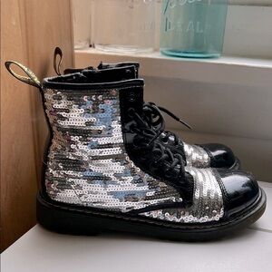 Dr. Martens Black and Silver Sequin Combat Boots Motorcycles Doc Womens size 6